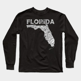 Mandala art map of Florida with text in white Long Sleeve T-Shirt